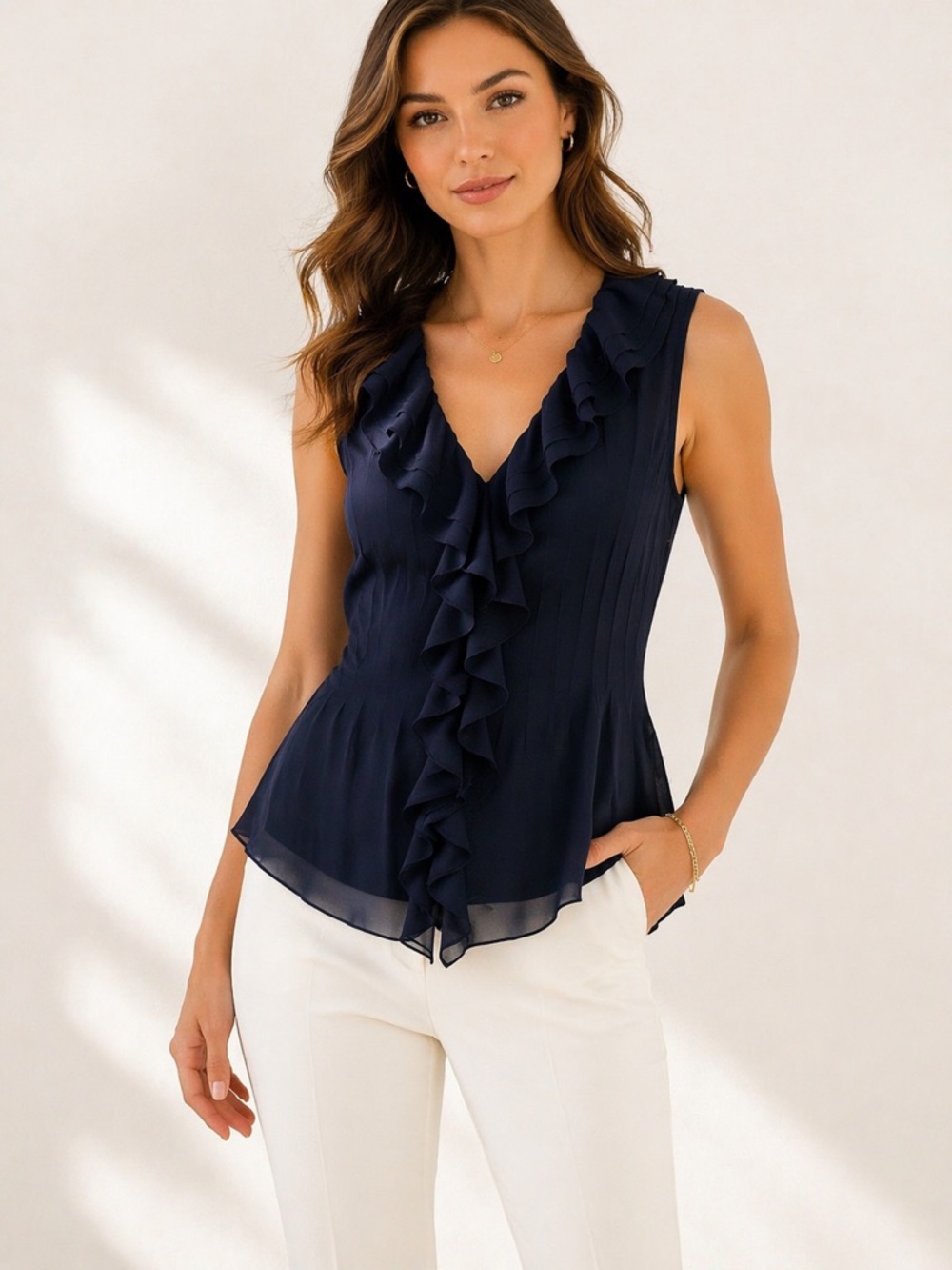 Tory Burch Navy Silk Ruffle Blouse Sleeveless Top Size 8